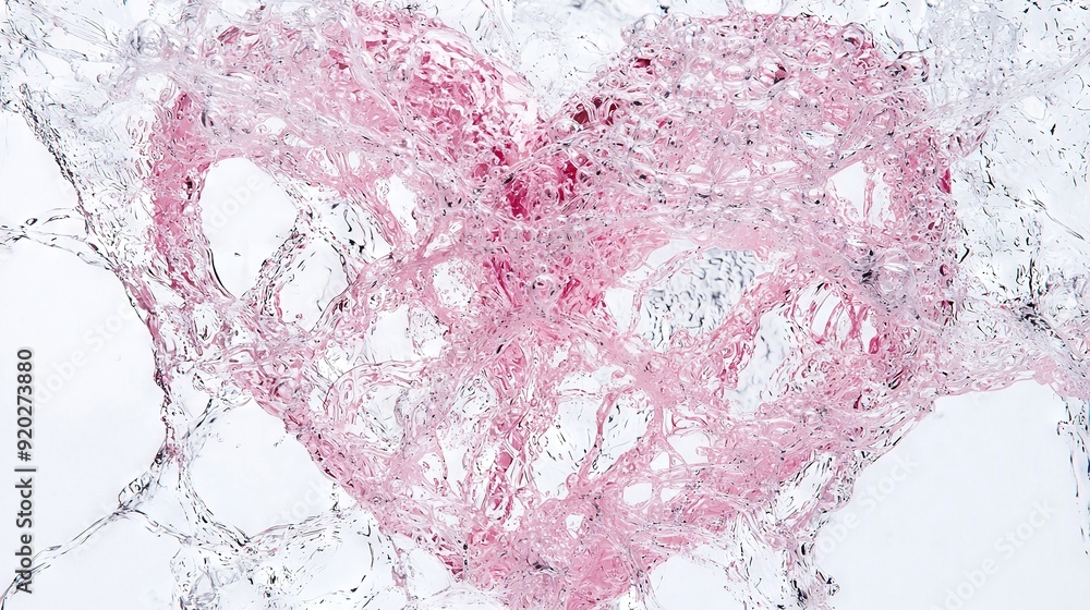 Poster a zoomed-in image of a pink heart on a white background with water droplets splashing on top of it