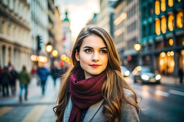 Fototapeta premium Young Woman Looking Away in City Street.