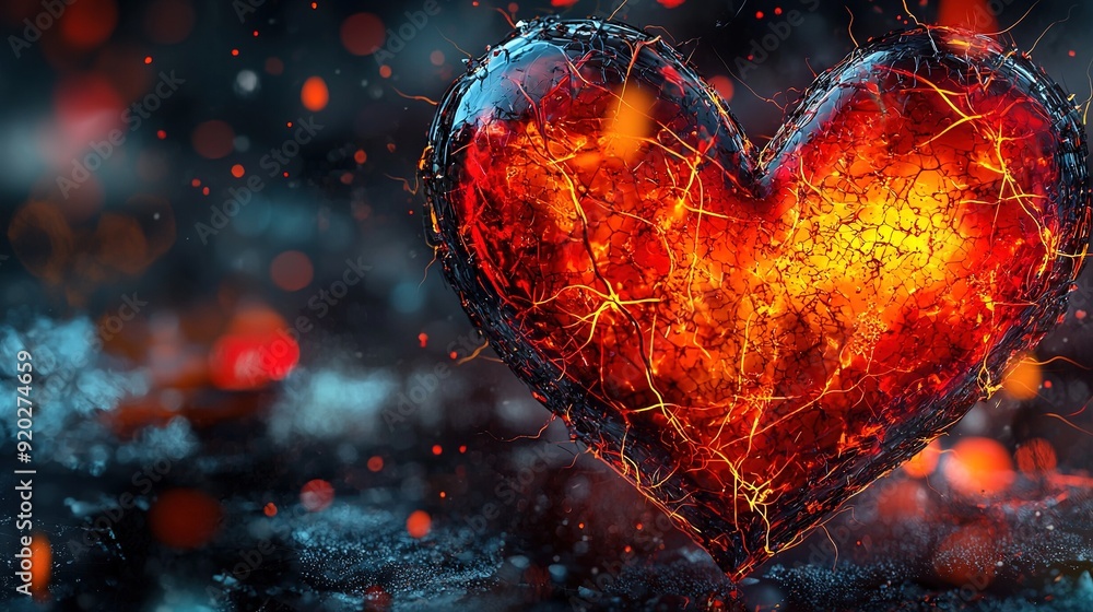 Poster a heart-shaped object on a black background with red and yellow light emanating from it