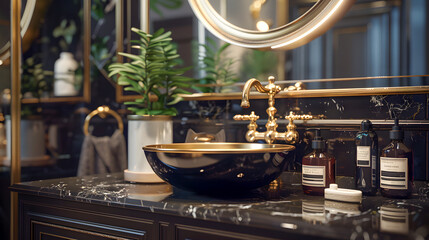 Luxury bathroom with black marble finishes and golden metals