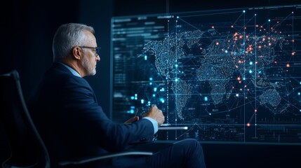 Business professional analyzing global data trends on a digital map interface for strategic decision-making.
