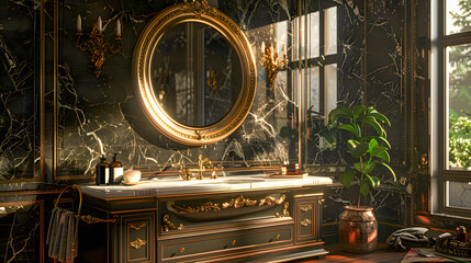 Luxury bathroom with black marble finishes and golden metals