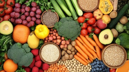 An overhead view of a variety of colorful fruits, vegetables, and grains, creating a visually appealing and healthy display.