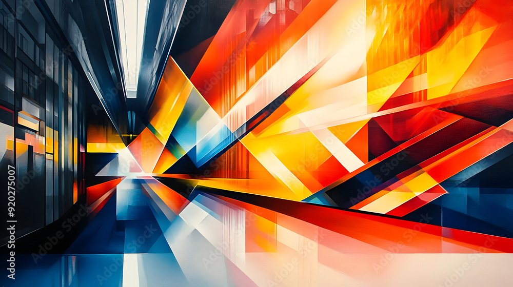 Poster a vibrant abstract composition featuring dynamic shapes and colors, creating a sense of movement.