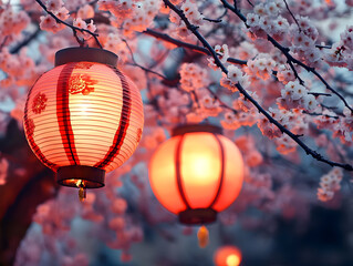 Obraz premium Red Chinese Lanterns Hanging from a Sakura Branch - Photo