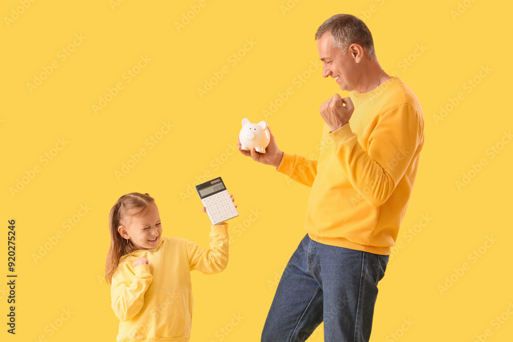 Sticker Little girl with her father holding piggy bank, calculator and showing yes gesture on yellow background