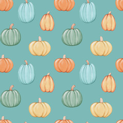 Seamless pattern with colorful pumpkins