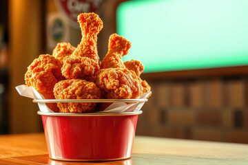 Golden, crispy fried chicken in a bucket, showcasing a delicious and classic fast-food favorite.