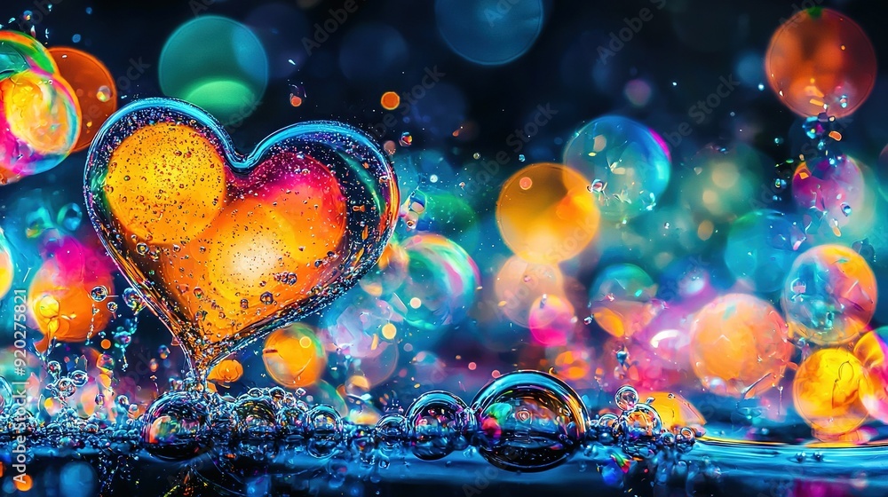 Poster a heart-shaped object floats in a pool of water, with bubbles and droplets surrounding it on a black