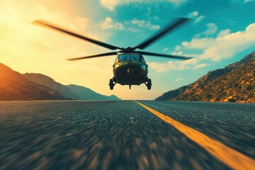 A military helicopter flies low over a highway, representing a military training exercise or mission in modern warfare.


