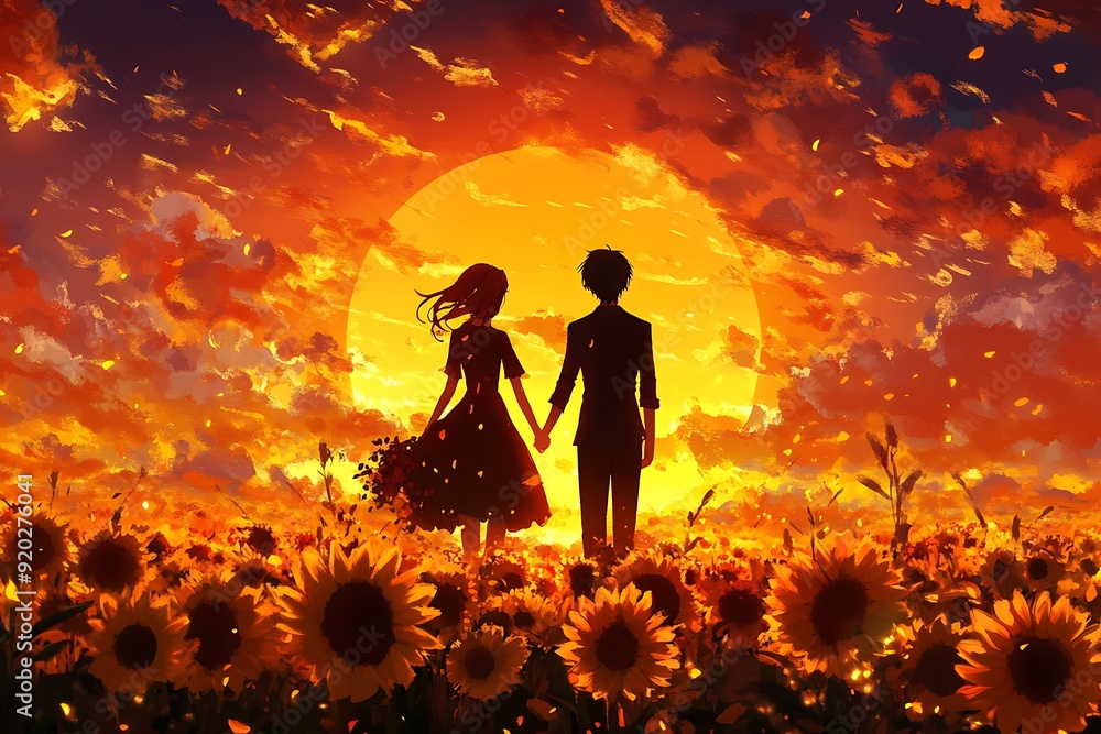 Wall mural Couple Silhouettes in a Field of Sunflowers at Sunset.