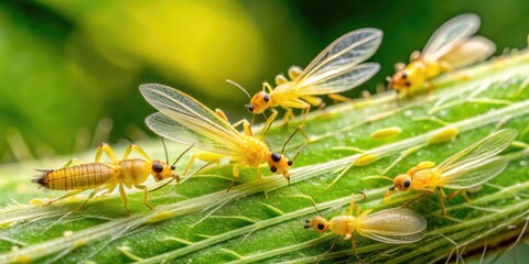 Microscopic close-up of thrips, tiny yellowish insects with fringed wings, feeding on sap from delicate green plant leaves in a garden or greenhouse setting.