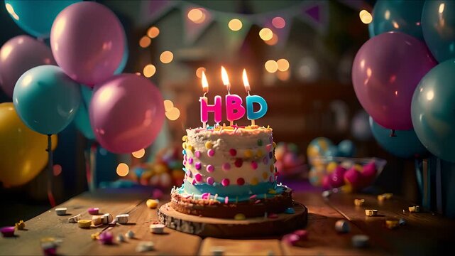 Birthday cake with candles spelling "HBD" surrounded by balloons and confetti.