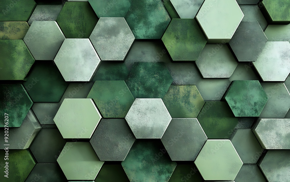 Poster Seamless Abstract with Concentric Hexagons in Green and Grey