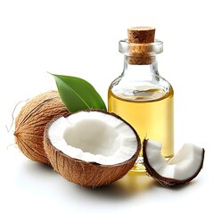 Tropical Coconut Oil in Glass Bottle and Halves on White Background