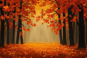 Fototapeta premium A forest during the Autumn Equinox, bathed in soft light filtering through trees adorned with golden and red leaves, with a carpet of fallen leaves covering the ground.