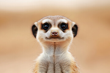 Fototapeta premium A cute portrait of a meerkat, an alert and adapted animal native to Africa, with a brown fur coat, guarding its family in the desert.