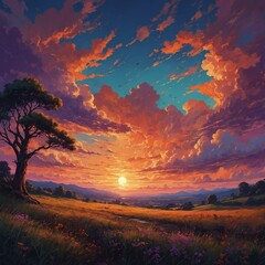 Fototapeta premium Imagine a vast meadow full of colorful wildflowers — poppies, daisies, and lavender — swaying in the gentle wind. Butterflies of every color flutter from flower to flower, their wings reflecting the b