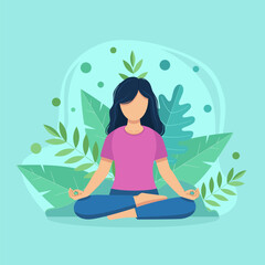 Isolated Vector illustration of Woman Meditating. Yoga, Meditation, Relax, Recreation, Healthy Lifestyle.