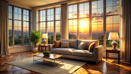 Fototapeta premium Cozy Living Room with Sunset View.