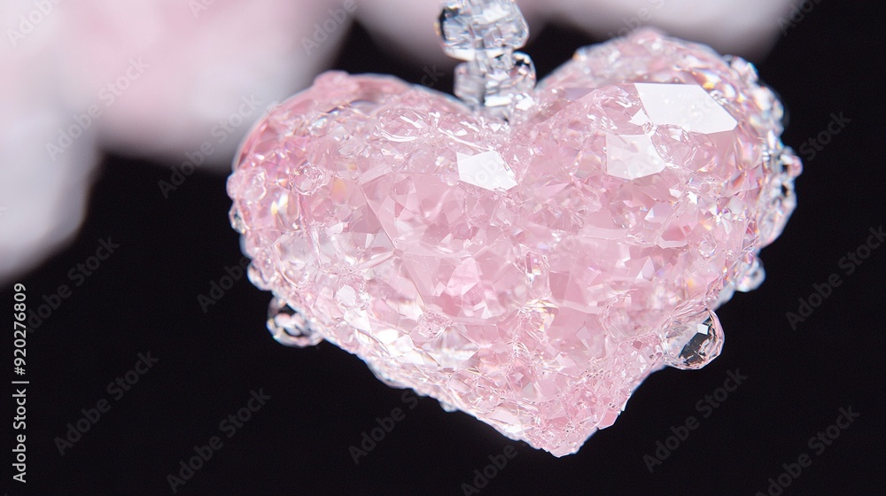 Poster a close-up of a pink heart-shaped object with a chain on a black background