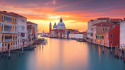 Naklejka premium The serene beauty of Canal Grande, with the Basilica di Santa Maria della Salute bathed in the warm colors of a Venetian sunset.