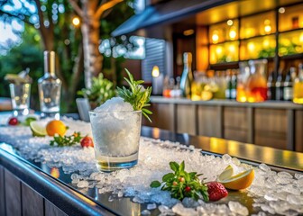 Frosted glass bar counter top scattered with crushed ice and garnishes, waiting for refreshing cocktails to be crafted on a warm summer evening.