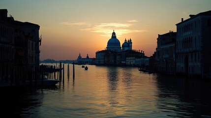 Fototapeta premium The tranquil waters of Canal Grande at sunset, with the silhouette of Basilica di Santa Maria della Salute creating a stunning view.