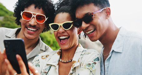 Friends, selfie and vacation with sunglasses, travel and holiday with smile and social media update. Digital, laugh and influencer people with vlog and profile picture from summer and fun on tech