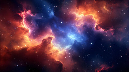 Naklejka premium A vibrant cosmic scene showcasing colorful nebulae and stars in a deep space environment.