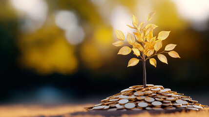 Fototapeta premium A conceptual image of a tree with golden leaves sprouting from a mound of coins, representing financial growth and prosperity.