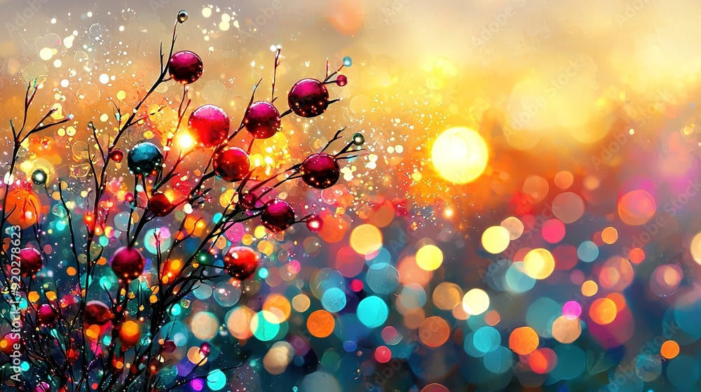 Poster a painting of a group of balls hanging from a tree in a field against a backdrop of twinkling lights