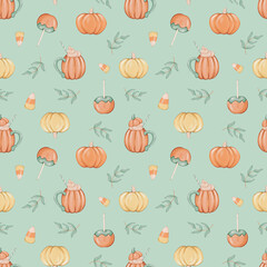 Seamless pattern with pumpkins, mugs and leaves