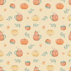 Seamless pattern with pumpkins, mugs and leaves