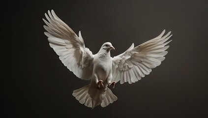 Obraz premium White Dove with Spread Wings Against a Dark Background