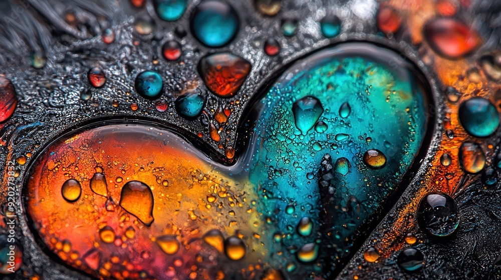 Poster a close-up of a heart-shaped object with drops of water on its surface, showcasing various colors