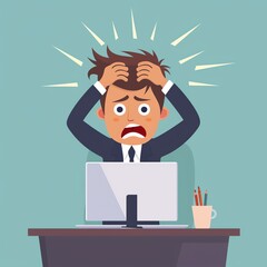 Illustration of a stressed office worker in a suit pulling hair in front of a computer, showing frustration in a corporate setting.