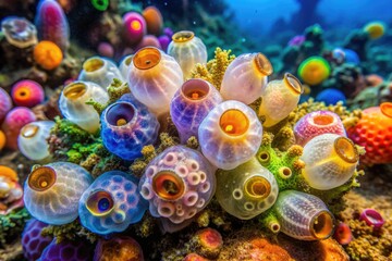Colorful ascidian sea squirts cling to a rocky reef, their translucent, filter-feeding bodies swaying gently in the current, surrounded by coral and seaweed.