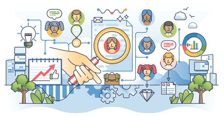 Human resource management and skilled employee leading outline hands concept. HR work tasks like staff job interview, resume research and searching for new business talents vector illustration.