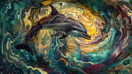 Obraz premium A dolphin navigates through colorful, swirling ocean patterns creating an enchanting underwater atmosphere