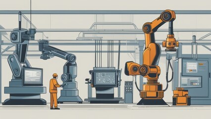 Industrial scene robots worker and manufacturing machinery in a structured factory setting.