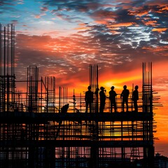 Construction workers silhouetted against a vibrant sunset on a building framework, depicting hard work and progress in urban development.