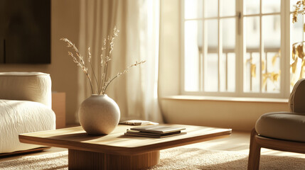 Modern Scandinavian living room with light wood floors, a grey sectional sofa, and minimalist décor, featuring a round coffee table and indoor plants. The space is illuminated by natural light from la