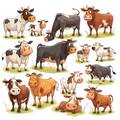 Obraz premium A collection of cartoon cows in various poses, showcasing their expressions and personalities on a white background.