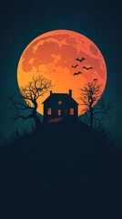 A haunted house perched on a hill is illuminated by eerie lighting, with a full moon in the background and bats flying around.





