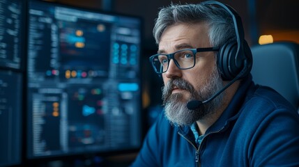 Focused male analyst in headset engaging with technology on multiple screens, showcasing teamwork and problem-solving skills.