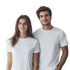 A young couple, wearing blank white T-shirts, transparent PNG