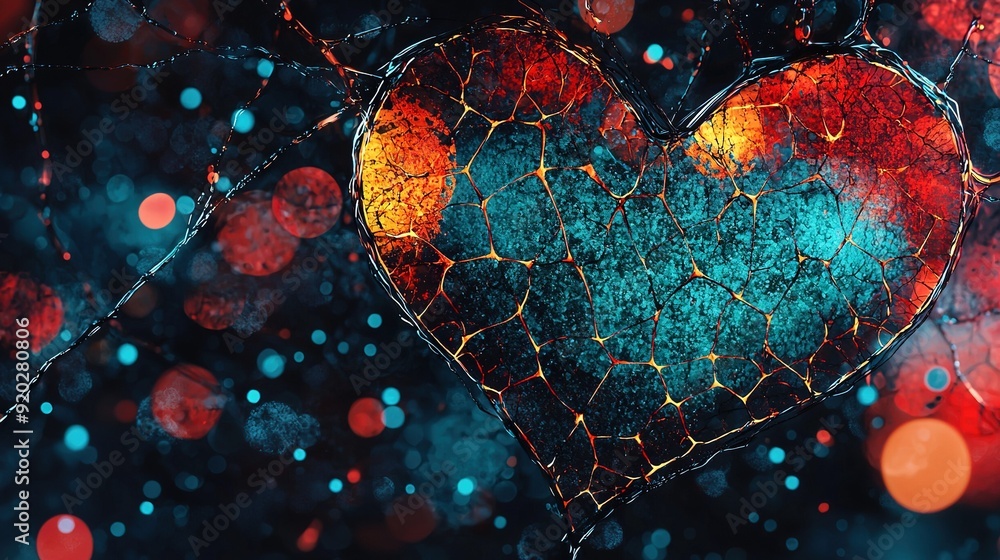 Poster a sharp image of a heart-shaped object against a hazy backdrop of red, orange, and blue illumination