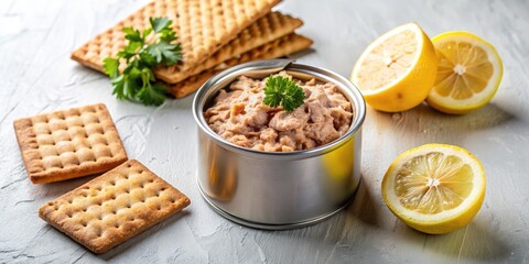 Freshly opened can of tuna on a clean white countertop, surrounded by crispy crackers and a slice of lemon, ready for a healthy snack.
