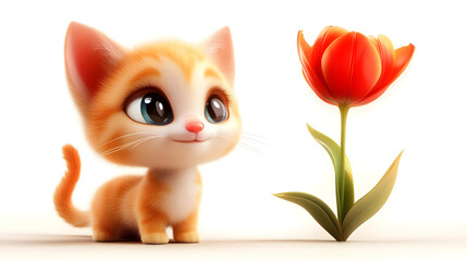 A cute orange kitten gazes at a vibrant red flower, showcasing a whimsical and joyful scene.